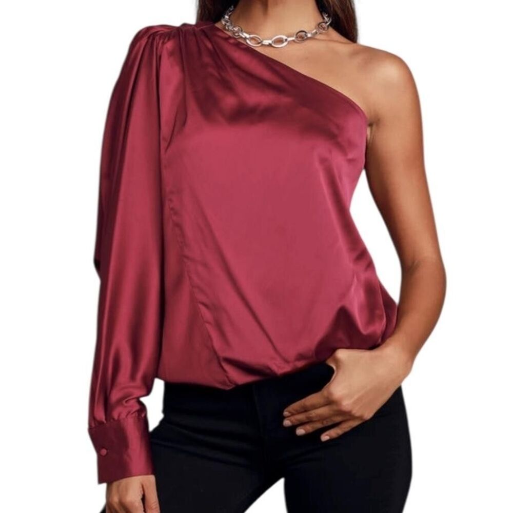 Indigo Poppy One Shoulder Top Womens Medium Satin Asymmetric Blouse Elegant NWT